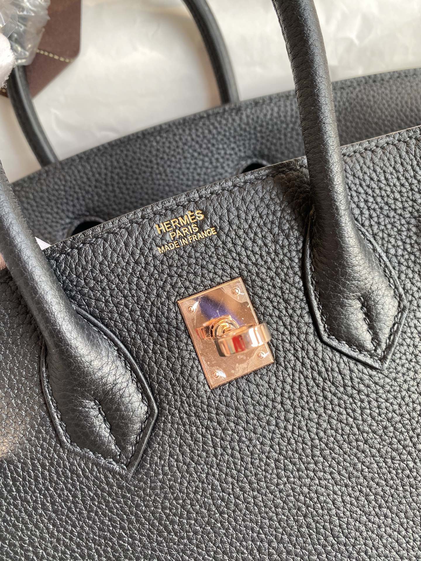 Picture[7]-Birkin 25cm Imported Togo Leather Black Rose Gold Buckle Waxed Line-High Fake Bags