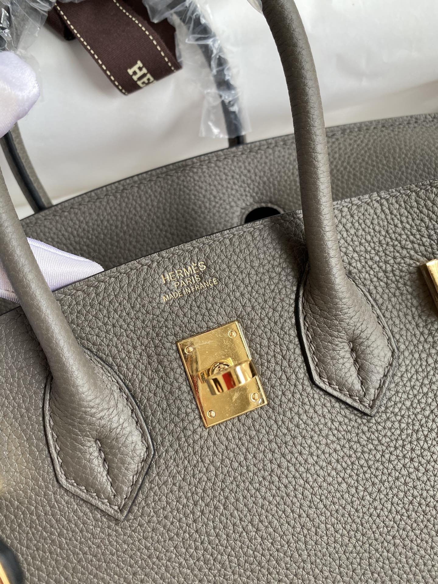 Image[6]-Birkin 25cm Imported Togo Leather Tinware Gray Gold Buckle Waxed Line-High Fake Bags