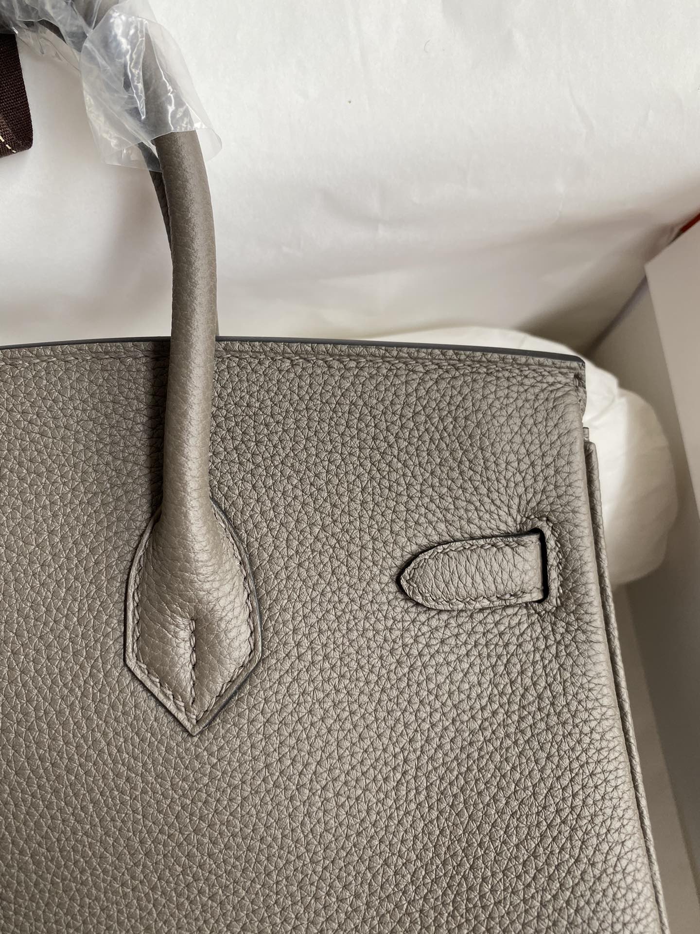 Image[4]-Birkin 25cm Imported Togo Leather Tinware Gray Gold Buckle Waxed Line-High Fake Bags