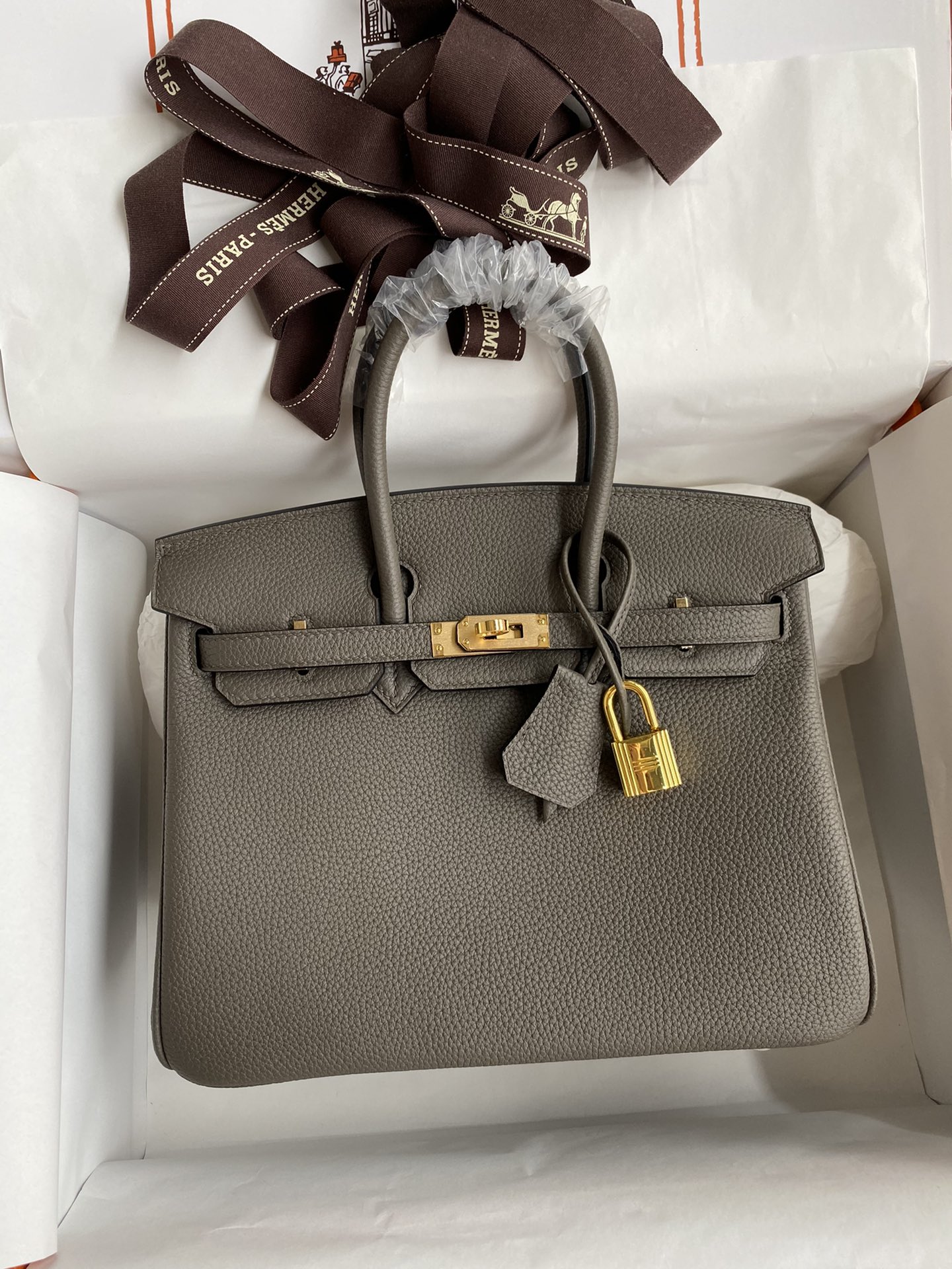 Birkin 25cm Imported Togo Leather Tinware Gray Gold Buckle Waxed-High Fake Bags