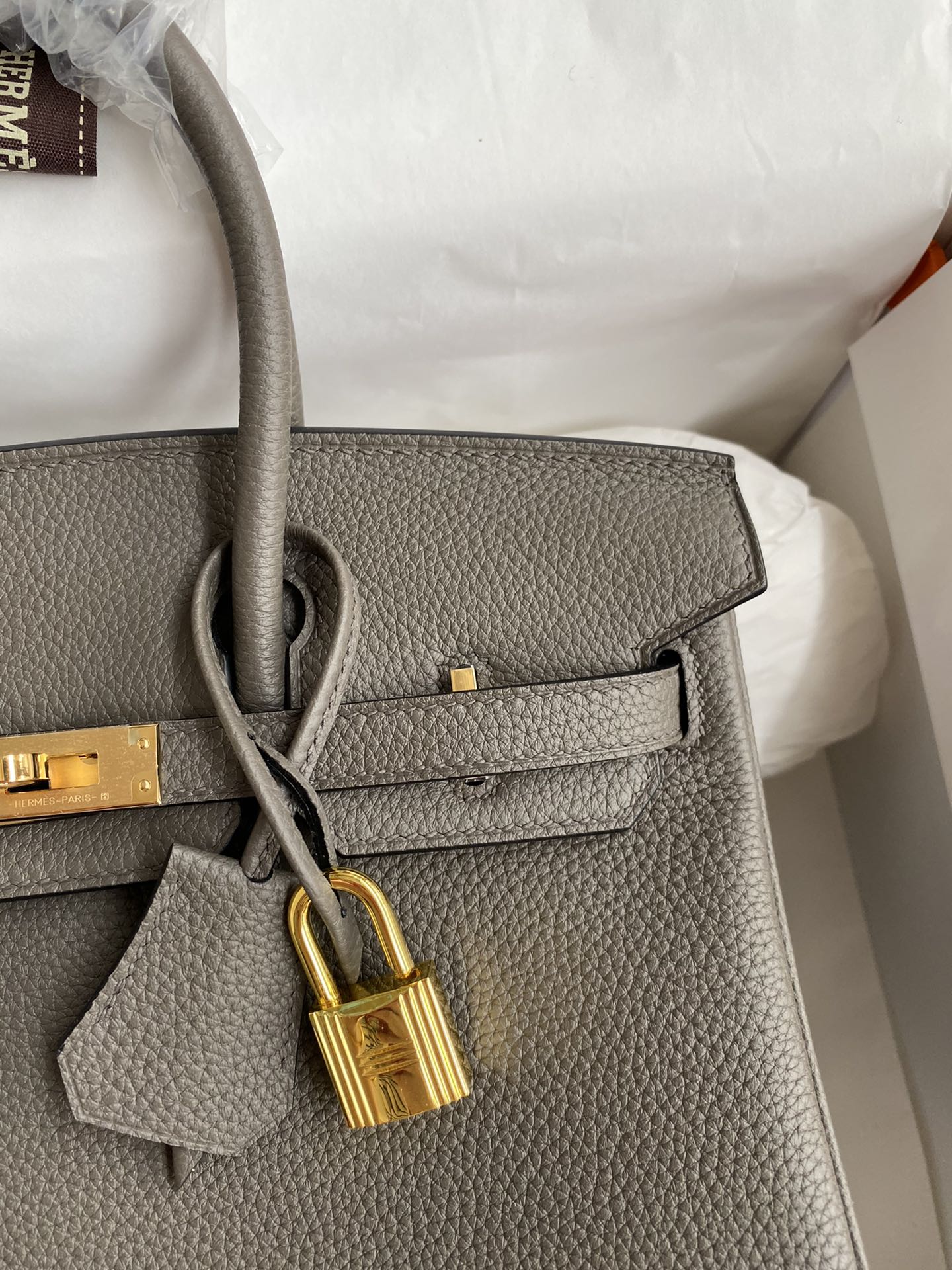 Image[3]-Birkin 25cm Imported Togo Leather Tinware Gray Gold Buckle Waxed Line-High Fake Bags