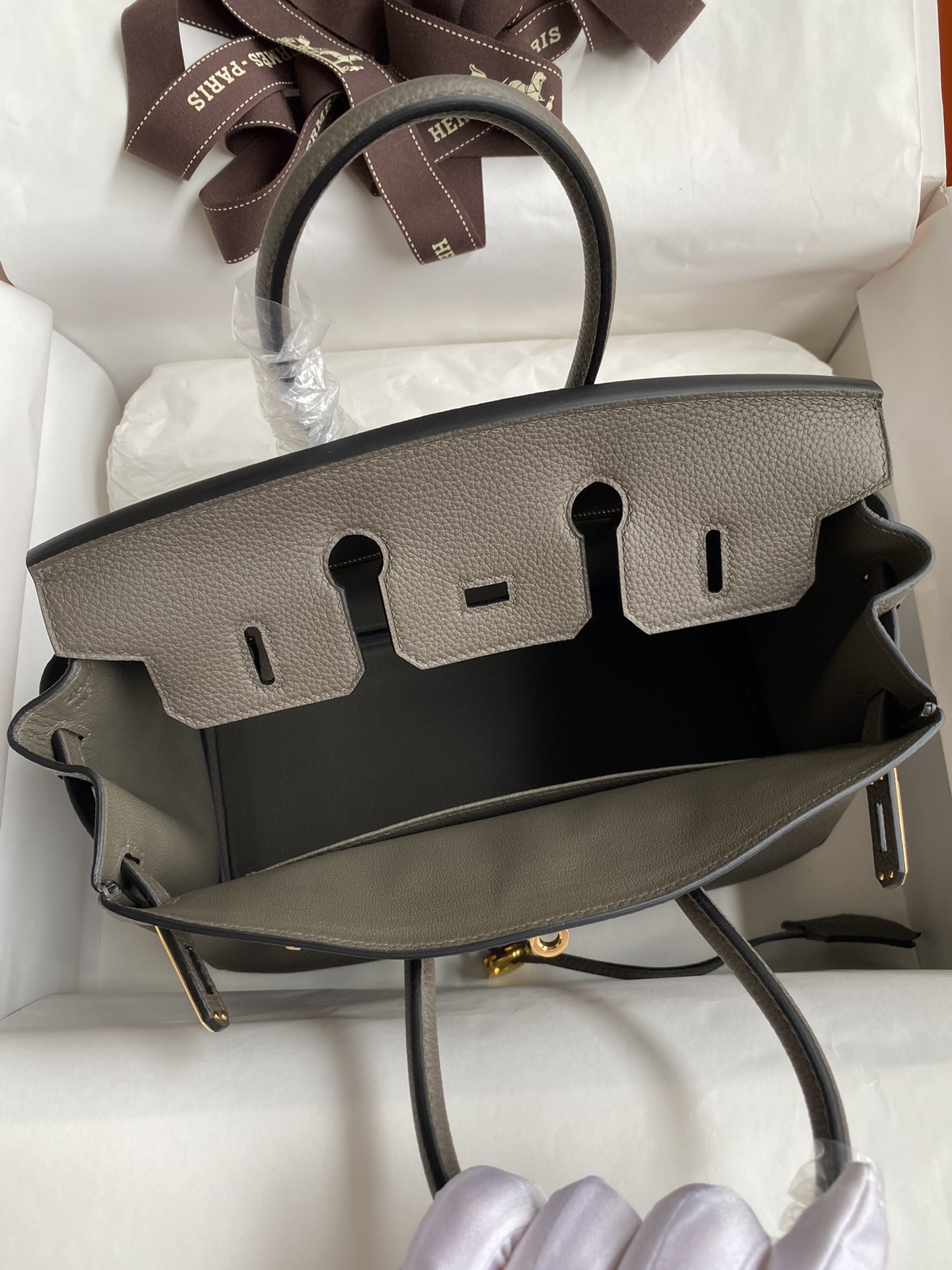 Image[7]-Birkin 25cm Imported Togo Leather Tinware Gray Gold Buckle Waxed Line-High Fake Bags
