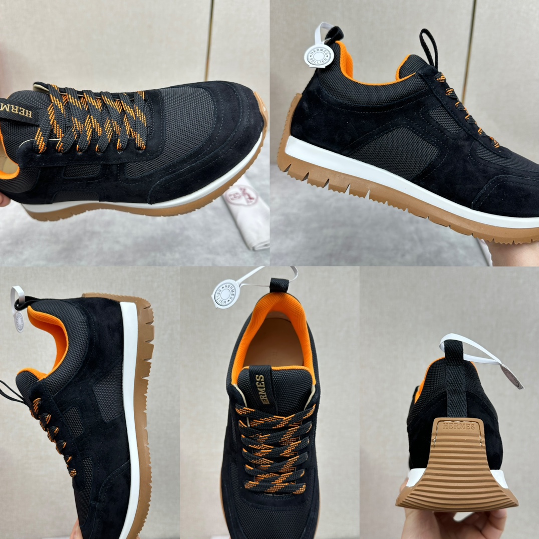 The Hermes Jimmy sneaker collection is made of imported cow suede in a colorblocked hi-tech canvas with a double webbing loop, a logo webbing loop at the tongue and two-tone laces with contrasting stitching, a pumpkin hi-tech canvas lining that echoes the overall color scheme, a natural cowhide leather insole, a white rubber midsole and a grooved honey rubber sole for a modern hiking style. Choose from six colors! Available in original packaging!Standard counter sizes: 39-44# (38.45🉑️ customized) P760