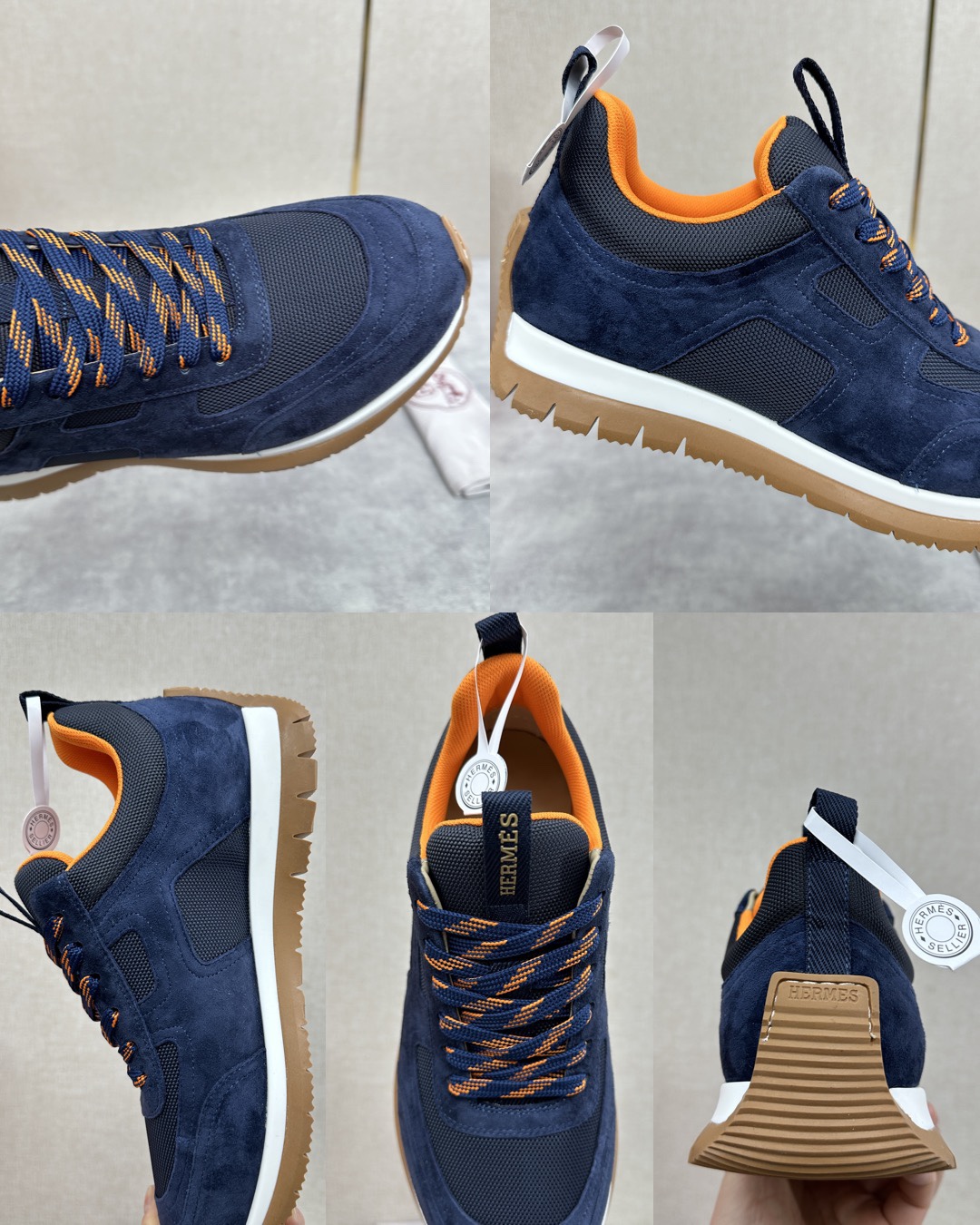 The Hermes Jimmy sneaker collection is made of imported cow suede in a colorblocked hi-tech canvas with a double webbing loop, a logo webbing loop at the tongue and two-tone laces with contrasting stitching, a pumpkin hi-tech canvas lining that echoes the overall color scheme, a natural cowhide leather insole, a white rubber midsole and a grooved honey rubber sole for a modern hiking style. Choose from six colors! Available in original packaging!Standard counter sizes: 39-44# (38.45🉑️ customized) P760