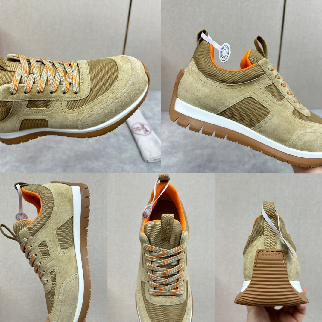 The Hermes Jimmy sneaker collection is made of imported cow suede in a colorblocked hi-tech canvas with a double webbing loop, a logo webbing loop at the tongue and two-tone laces with contrasting stitching, a pumpkin hi-tech canvas lining that echoes the overall color scheme, a natural cowhide leather insole, a white rubber midsole and a grooved honey rubber sole for a modern hiking style. Choose from six colors! Available in original packaging!Standard counter sizes: 39-44# (38.45🉑️ customized) P760