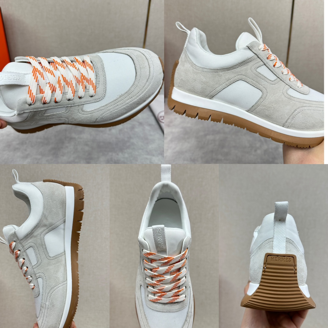 The Hermes Jimmy sneaker collection is made of imported cow suede in a colorblocked hi-tech canvas with a double webbing loop, a logo webbing loop at the tongue and two-tone laces with contrasting stitching, a pumpkin hi-tech canvas lining that echoes the overall color scheme, a natural cowhide leather insole, a white rubber midsole and a grooved honey rubber sole for a modern hiking style. Choose from six colors! Available in original packaging!Standard counter sizes: 39-44# (38.45🉑️ customized) P760