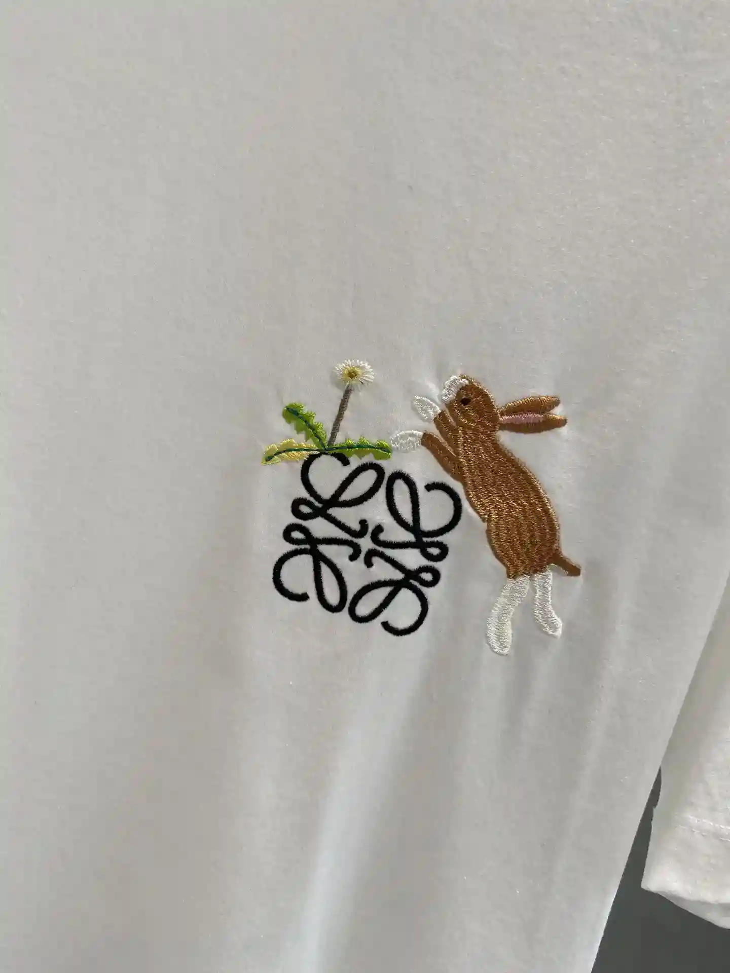 Picture [6]-"𝙉𝙚𝙬🤍 Luo Jia" 2025 short sleeve pure white background with delicate embroidery pattern on the chest a fluffy bunny seems to be sniffing the small flowers cute and animated M-3XL 🅿️400 -High replica bags