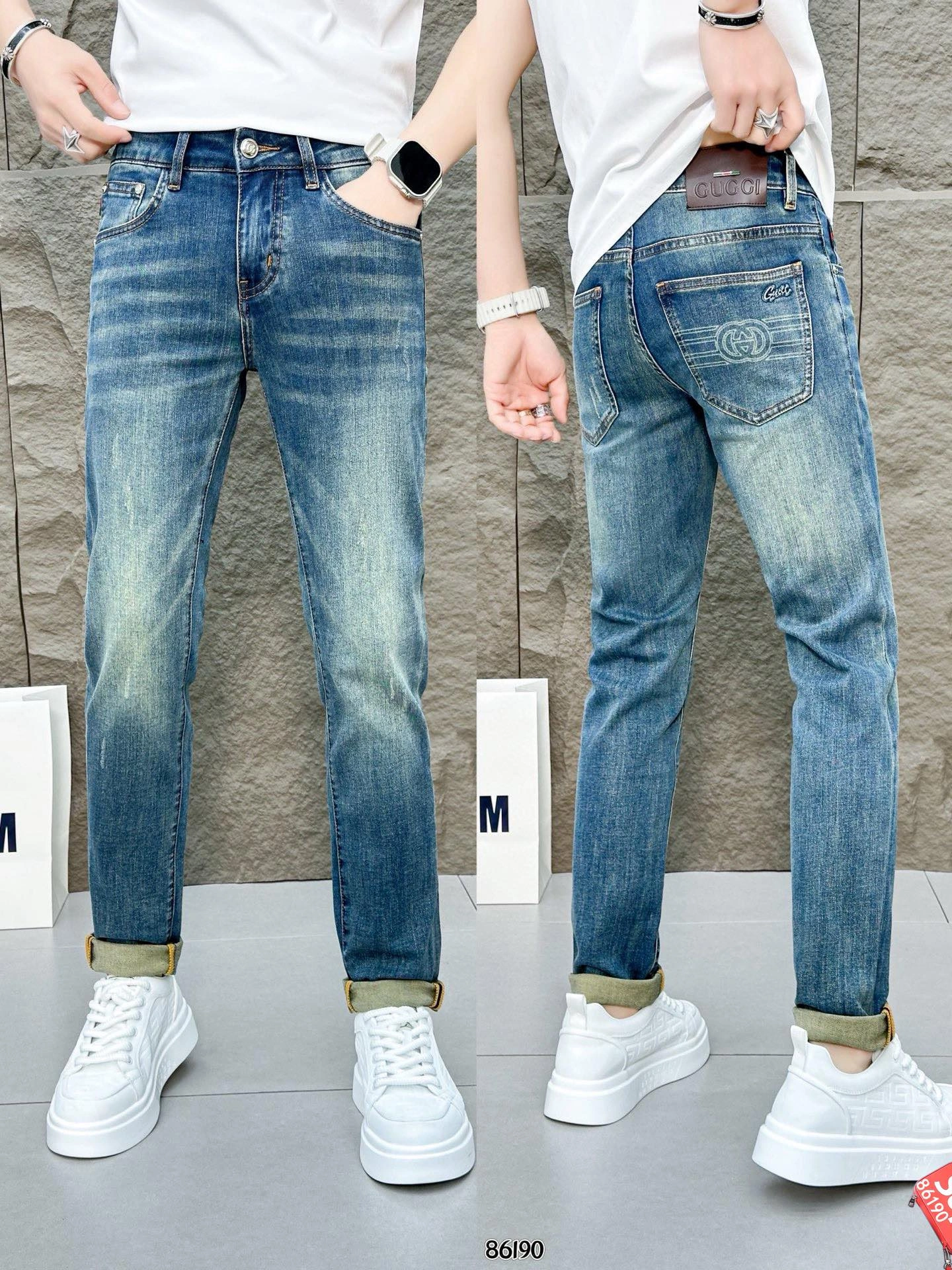 P490 Gucci Gucci Spring/Summer 2025 latest counter series High-end custom Slim small leg jeans The latest fashion week runway models Perfect hardware decoration Super heavy craft design Fashion must-haves Simple and versatile models Pure handmade embroidery sewing Original color yeast washed process Selected heavyweight denim fabrics (cotton) Three-dimensional cutting Perfect details Peak of the best products! (Slightly elastic) Size: 28-38- high quality replica handbags